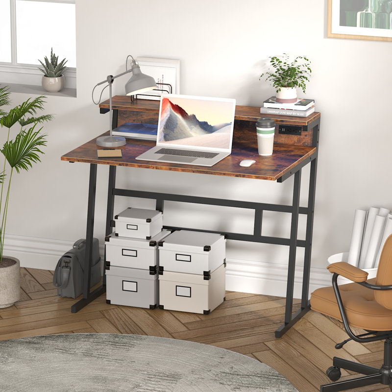 Small Computer Desk,Computer Desk with Power Outlets & Led Light,Home Office Desk with Monitor Shelf,, Brown