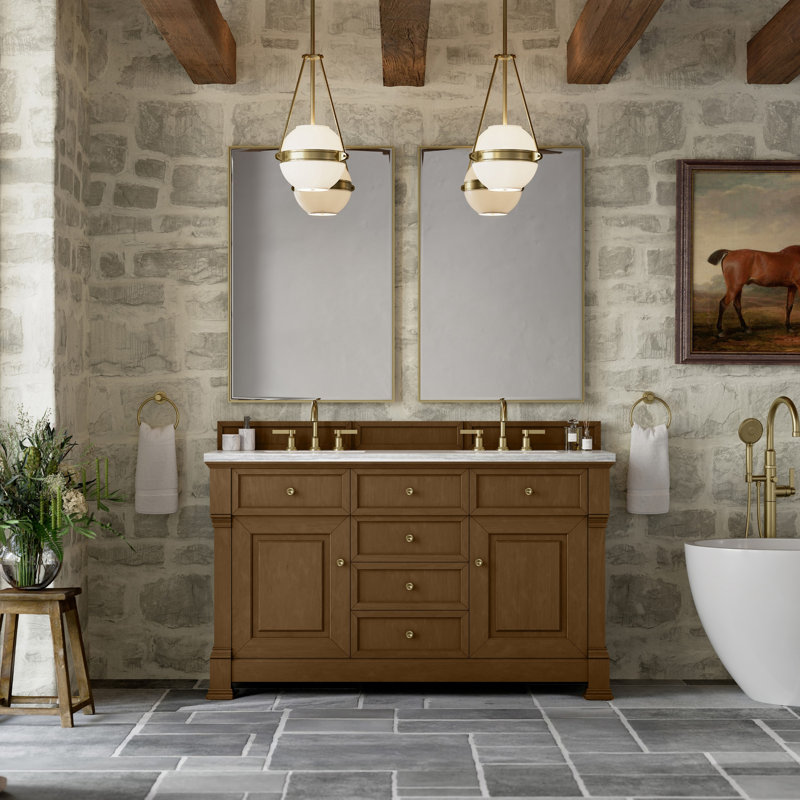 Brookfield 60'' W Double Vanity, Carrara White, Widespread, Honey Oak