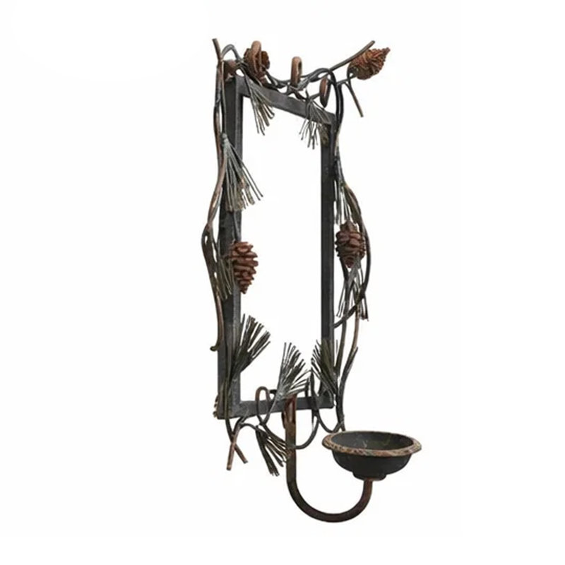 Mia Wall Candle Holder, 19 Inch Black Frame With Pine Branch Accents