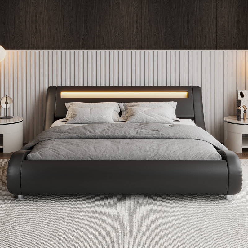 Lit plateforme avec lumières à DEL en cuir et lattes de bois Charlesten Vegan, Double, Noir