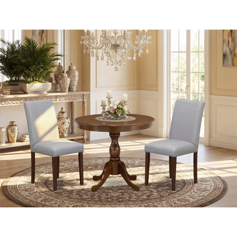 3 Piece Kitchen Table Set for Small Spaces Contains a Round Dining Room Table with Pedestal and 2 Grey Linen Fabric Parsons Chairs, Antique Walnut