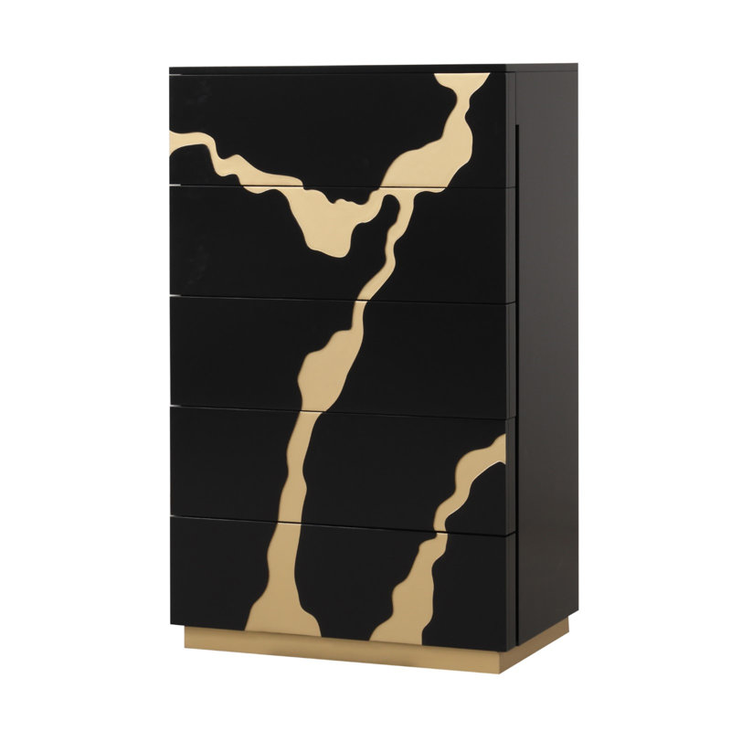 Commode 1 pièce de style contemporain à 5 tiroirs à queue d'aronde anglaise avec motif de glissières à roulement à billes et finition dorée