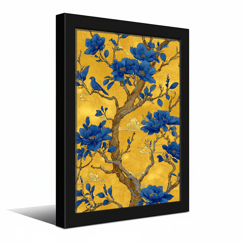 Plantes et fleurs Fleurs bleues sur fond doré avec des branches d'arbres, H 30 po x l 20 po, Toile tendue, Ne s’applique pas