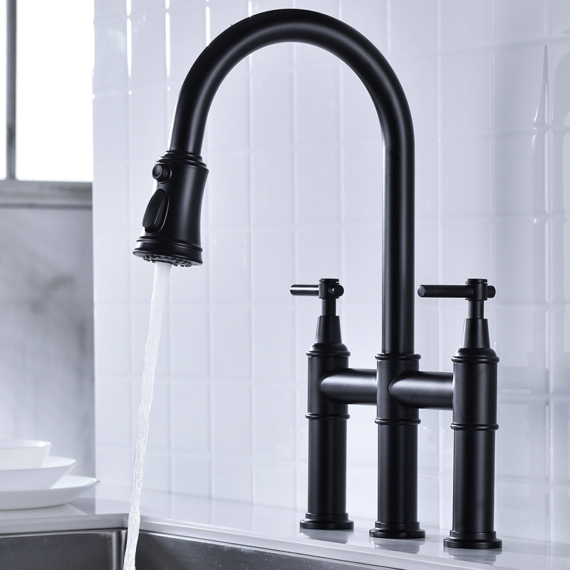 Matte Black Kitchen Faucet With Pull-Down Option - Dual Handle Switch For Accurate Water Control 360-Degree Rotatable High Nozzle Expanded Cleaning Space Brass Material Dependability Bridge Efficient