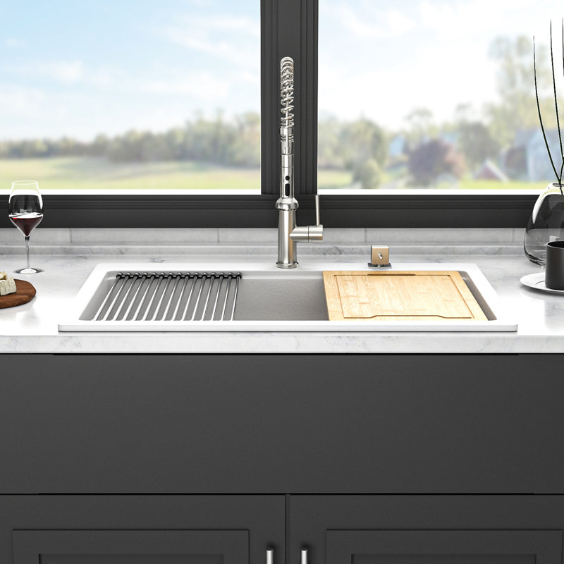 White Quartz Kitchen Sink 33" X 22", High - End Drop In Workstation, Smooth Surface, Reduces Dirt, Assembly, Installation Template Non Porous, Easy To Clean, Strainers, Guide