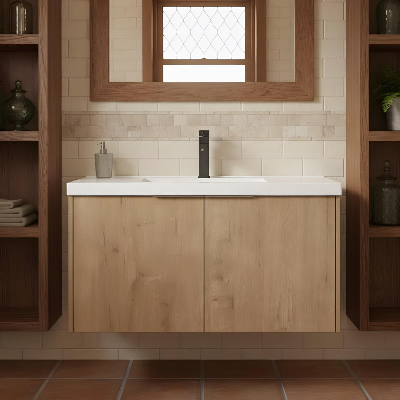 Meuble-lavabo à fermeture en douceur avec lavabo, Imitation chêne, 35"