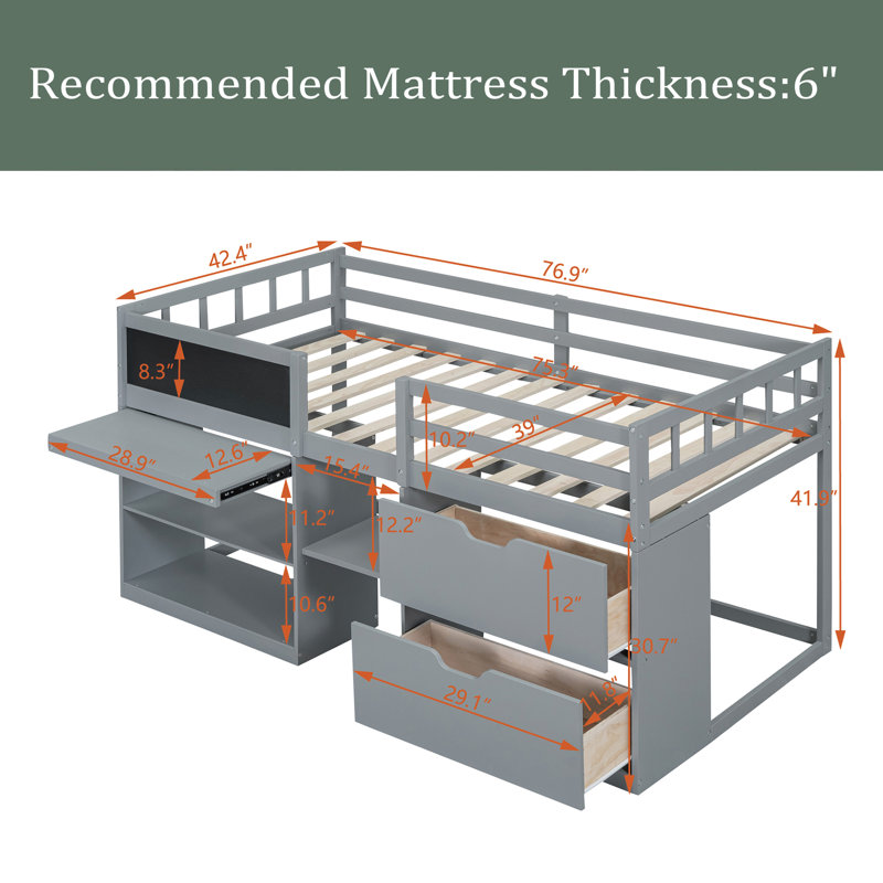 Guillerma Kids Twin Loft Bed with Drawers, Gray