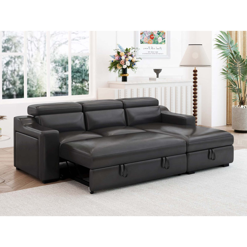 Canapé modulaire convertible de 103 po avec méridienne de rangement, appui-tête réglable, canapé-lit d'angle en L avec lit escamotable, charge USB et porte-gobelet