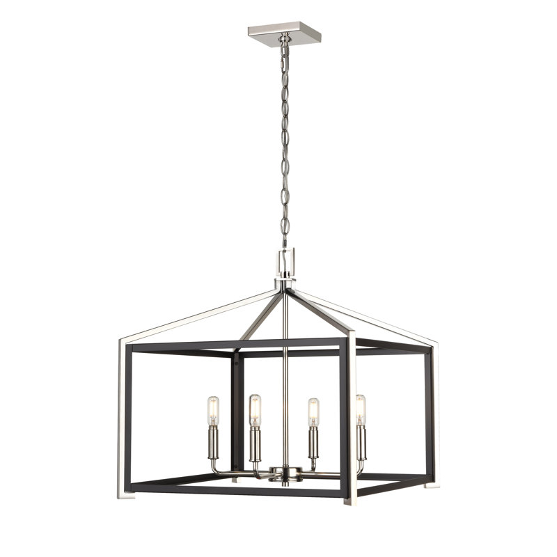 4 - Light Dimmable Lantern Modern Linear Chandelier, Black/Polished Nickel, 19.75" H x 20" W x 20" D