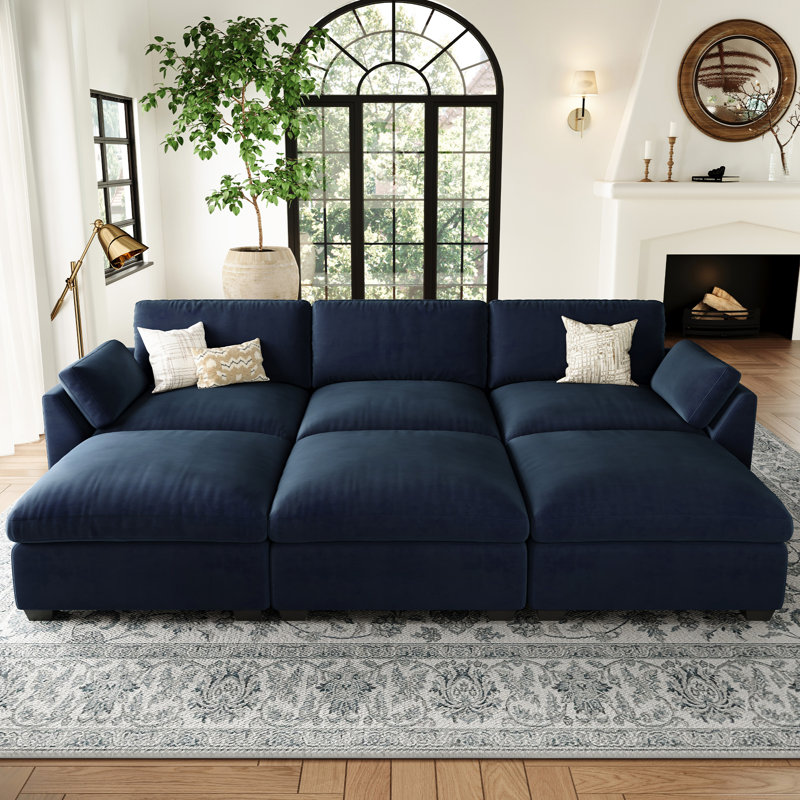 Canapé-lit modulaire en velours et moelleux avec coussins détachables, Velours bleu