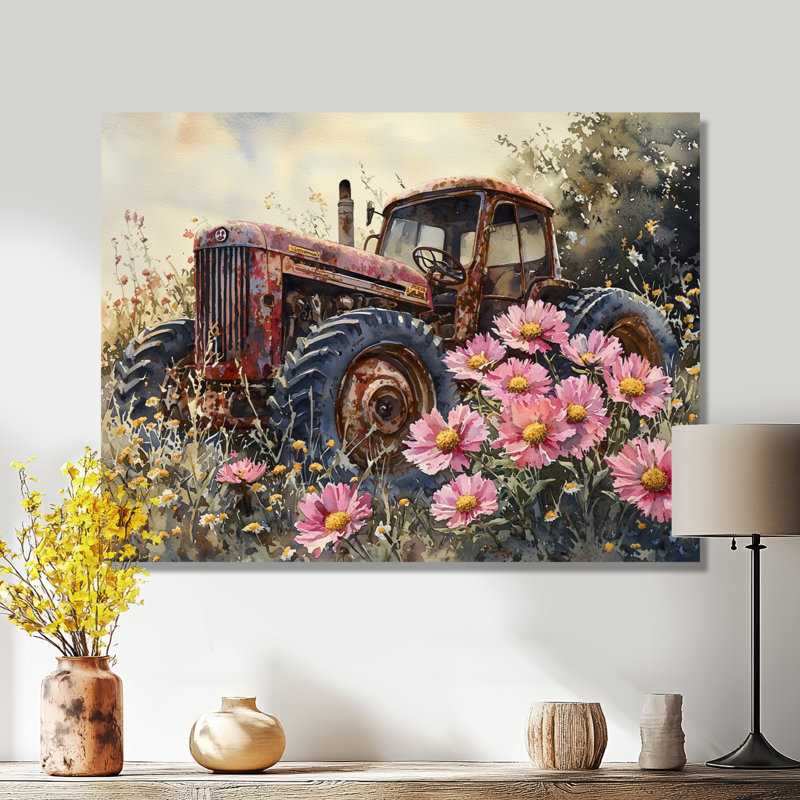 «Dubravka Daisies By The Farm Tractor I» - Art mural marguerites, Toile tendue, H 16 po x l 32 po, Ne s'applique pas
