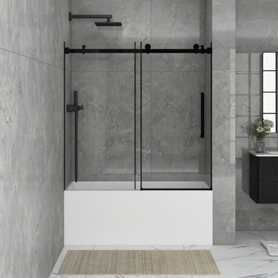 56 à 60 po X P 60 po H Porte de baignoire coulissante simple sans cadre au fini noir mat