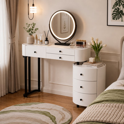 Makeup Vanity with Lights & 360° Swivel Mirror, Vanity Desk with 6 Drawers，White