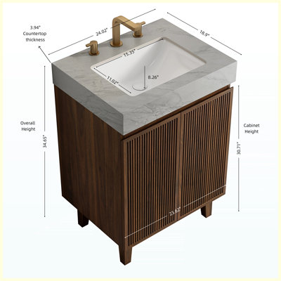 Meuble-lavabo autoportant de 24 po avec lavabo, comptoir en pierre frittée et vasque en céramique gris Carrara, armoire à grain de bois en noyer, 3 trous de robinet pré-percés