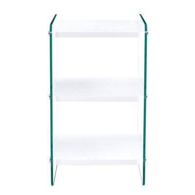 Trois niveaux de tables de chevet. La surface du panneau est en panneau de fibres à densité moyenne avec des autocollants blancs et les deux côtés sont en verre trempé transparent. La conception est simple et généreuse, avec une fonction de rangeme