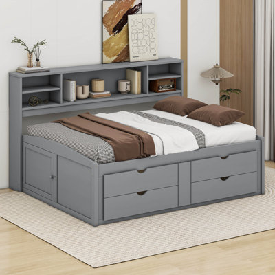 Full Size Wood Daybed with 2 Bedside Cabinets, Upper Shelves and 4 Drawers by Cosmic