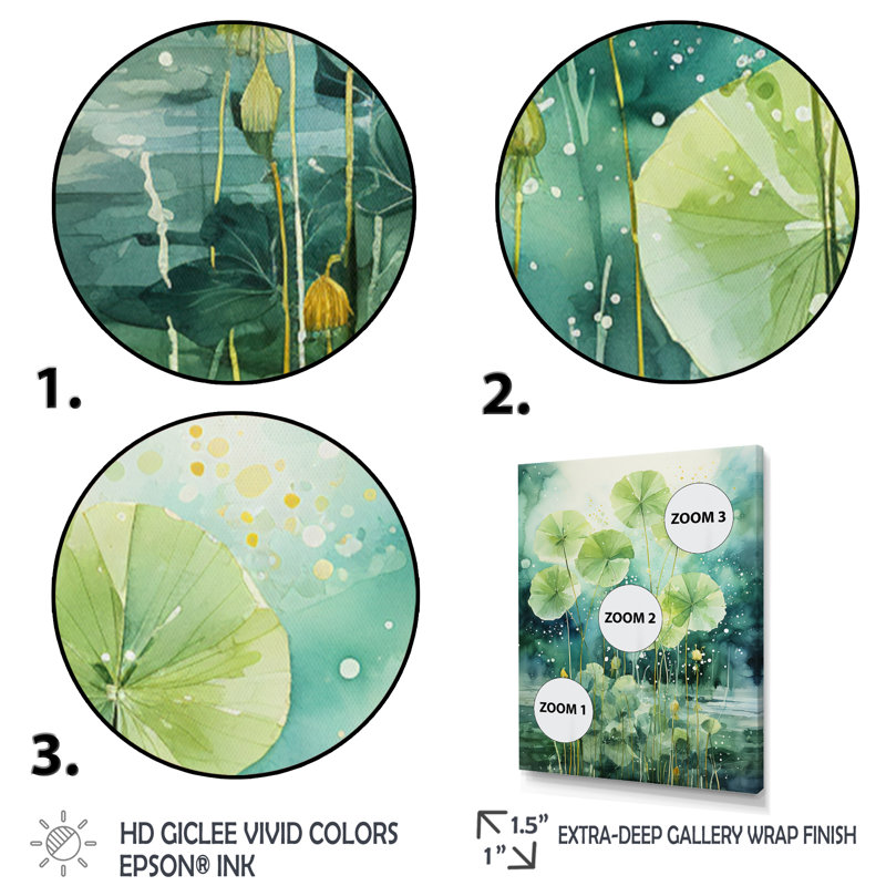 «Green Dandelion Collage II», reproduction d'art sur toile florale, Cadre flottant doré, H 32 po x l 16 po x P 1 po