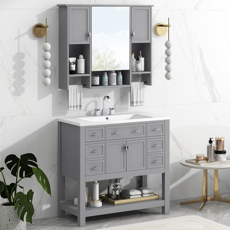 Meuble-lavabo moderne 36 po avec lavabo supérieur et armoire à miroir avec barre à serviettes, Gris
