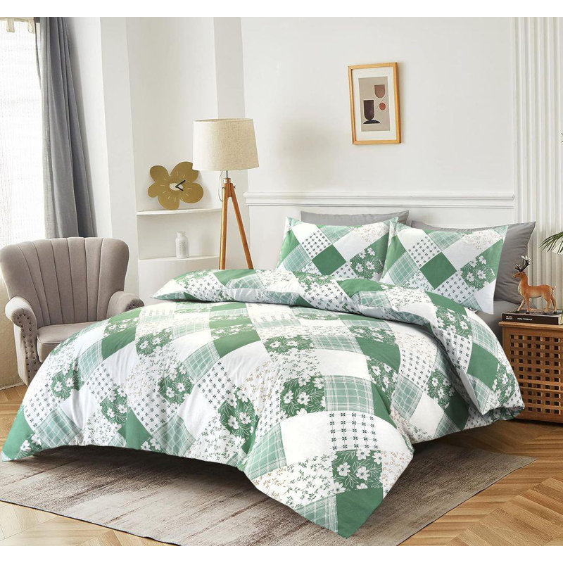 Cotton Blend Floral Duvet Cover Set with Pillowcases, Green, Single Duvet Cover + 1 Standard Pillowcase