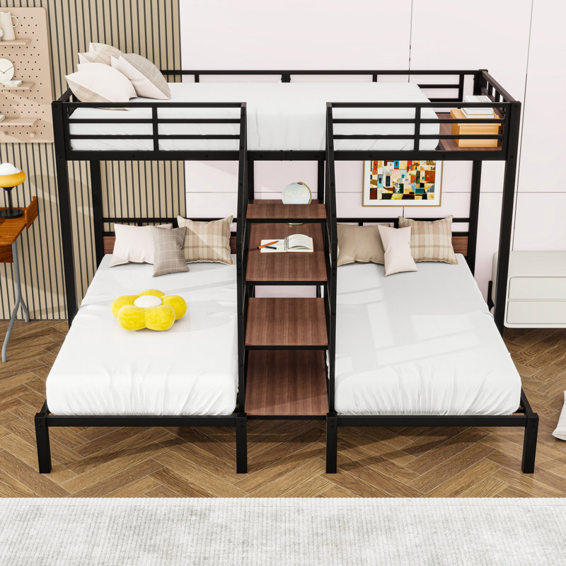 Metal Bunk Bed With Shelves And Slats, Twin Over Twin and Twin