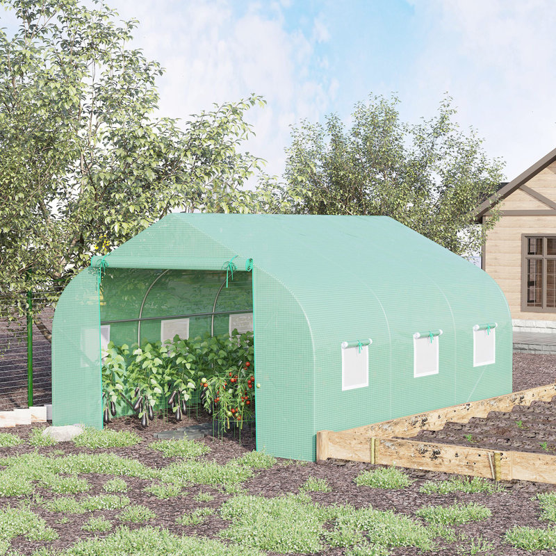Outdoor Walk-In Greenhouse, Tunnel Green House With Roll-Up Windows, Zippered Door, PE Cover, Heavy Duty Steel Frame, Green