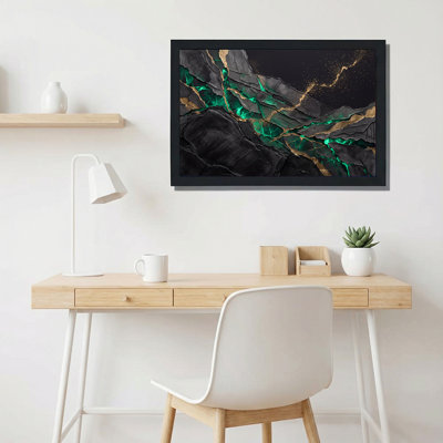 Art mural sur toile noir et vert à motif abstrait texturé avec veines dorées