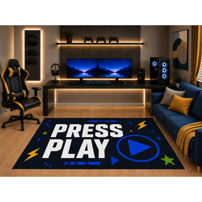 "Ultra Light Weight" 5' x 7' Gamer Area Rug Press Play Typography Video Game Icon Art for Kids Teen Bedroom Gaming Room Playroom Non-Slip Silicone Backing Low Pile