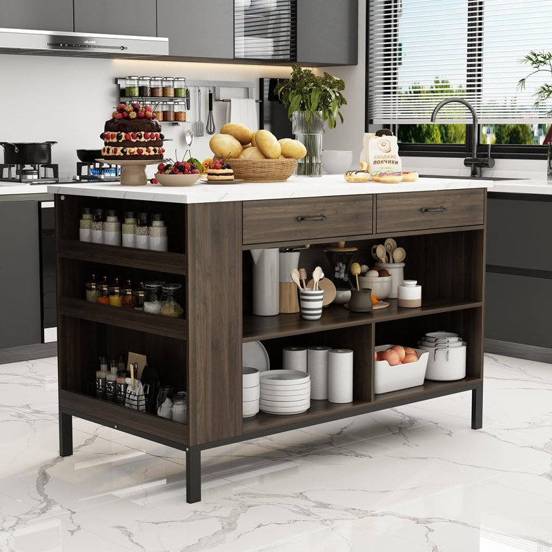 Îlot de cuisine avec plateau en bois manufacturé Chantay