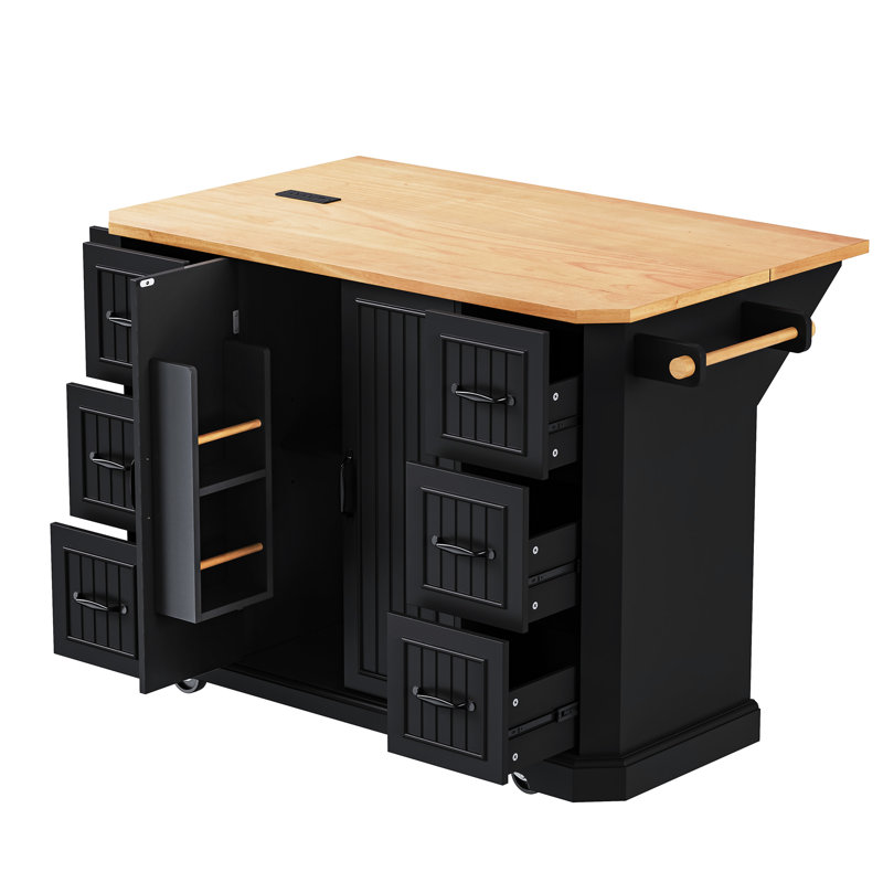 Black Kitchen Island With Internal Storage & 47" Wide Top 56" Cart Folding Countertop 6 Deep Drawers,, Black