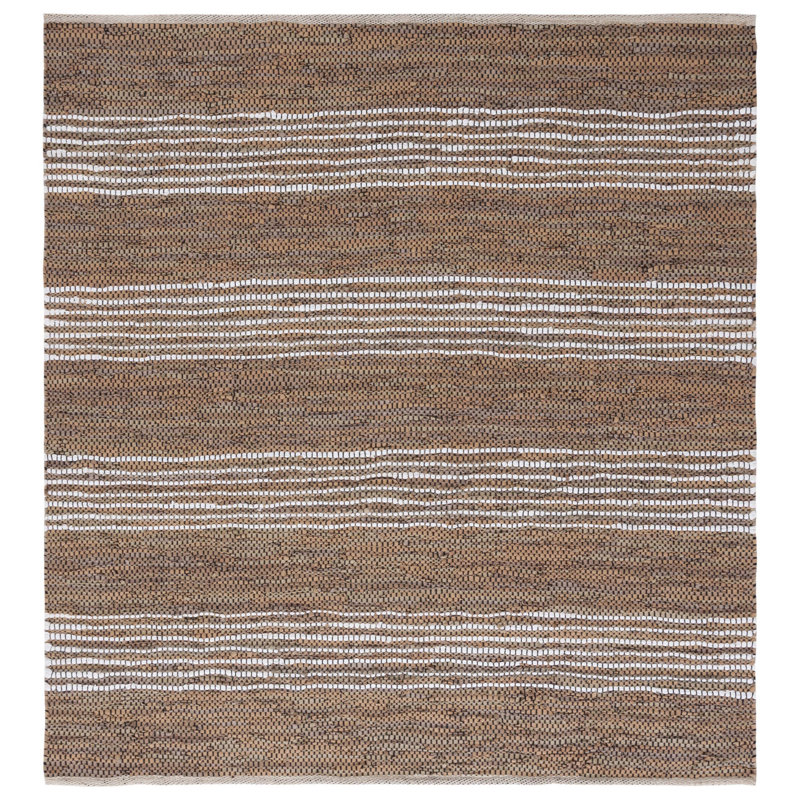 Geremiah Vintage Leather Hand Woven Leather/Jute Striped Rug in Light Brown/Ivory, Square 6'