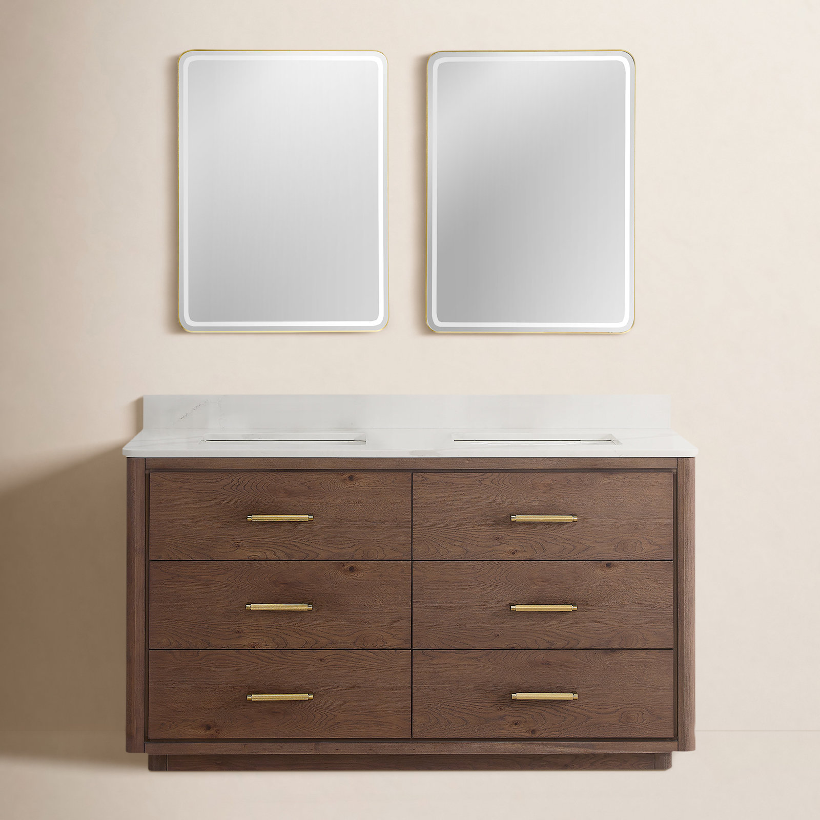 Porto 60'' Double Bathroom Vanity, Dark Brown Oak, Gold