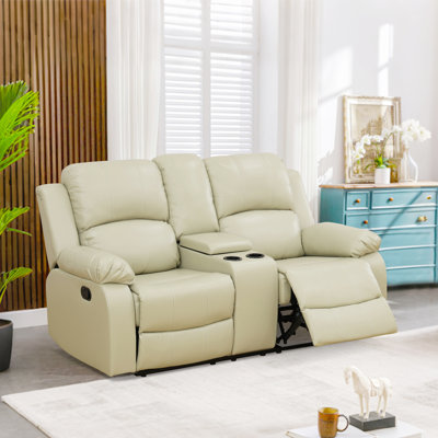 Beige Recycled Leather 2-Seat Reclining Loveseat With Storage & Cup Holders, Adjustable Recliner Sofa For Living Room
