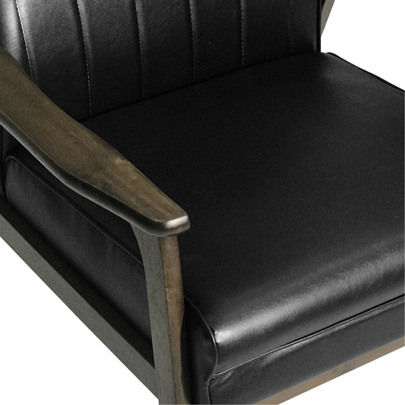 Chaise d'appoint Classy Mid-Century, noir mat, détails, base en bois d'hévéa robuste pour le salon, Noir mat