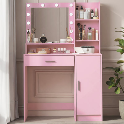 Vanity Desk With Mirror & Light, Large Drawer Three Level Storage Dresser, 3 Lighting Modes Adjustable Brightness, Bedroom Dressing Table