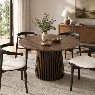 Walnut-colored Oval Extendable Dining Table with Striped Solid Wood Legs - Modern Space-Saving Dining Table for Small Apartments