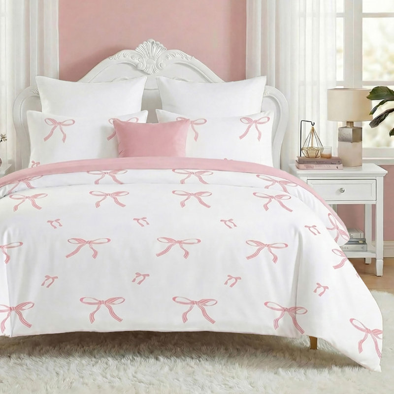 Ensemble de housse de couette 100% coton avec fermeture à glissière et 8 attaches d'angle, housse de couette rose grand arc