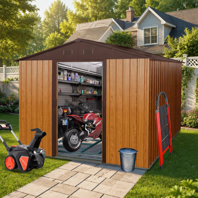 Remise de rangement extérieure durable en métal 8 pi x 10 pi avec base en acier galvanisé et conception résistante aux intempéries, café