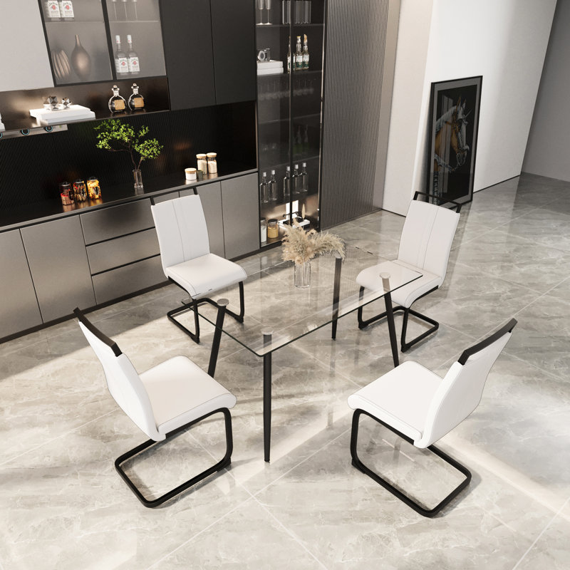 Table de salle à manger 5 pièces en verre moderne avec pieds en métal noir et chaises ergonomiques en polyuréthane pour un repas en famille, un plateau de table carré de 51 pouces convient facilement à 4 personnes dans la cuisine ou la pièce, sans accoudoirs et une atmosphère détendue