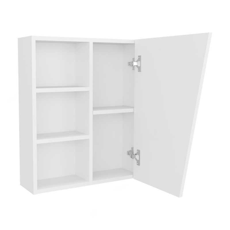 Armoire à pharmacie blanche avec porte en miroir et rangement ouvert
