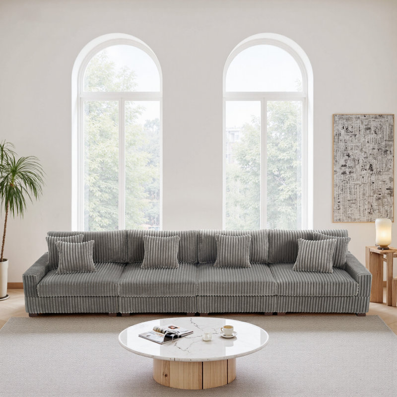 4 - Piece Upholstered Faux Rabbit Fur Flannel Modular Sectional Sofa with Armrests & Throw Pillows, Light Grey