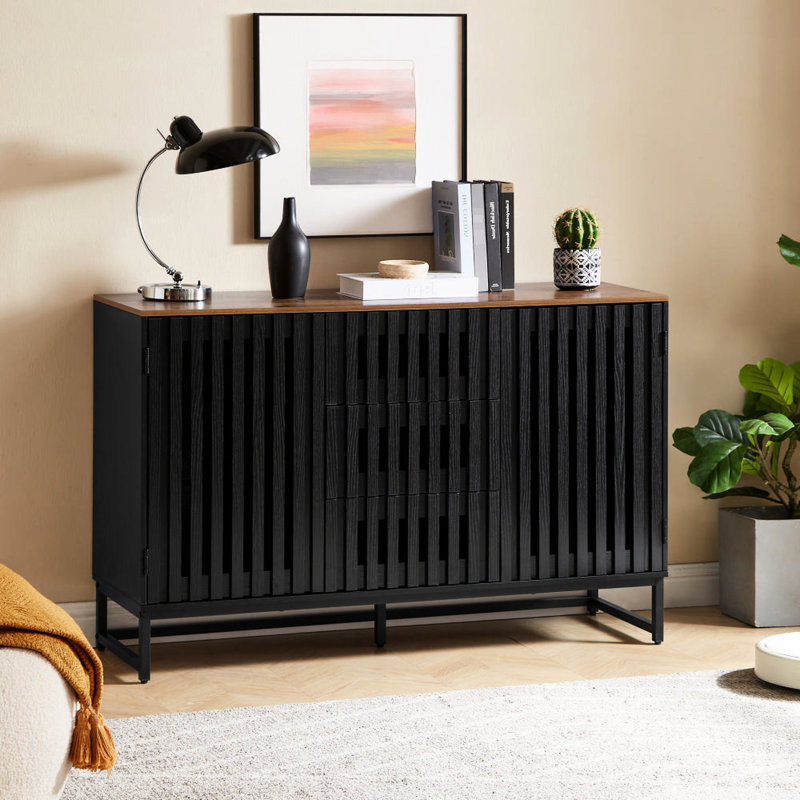 Commode 3 tiroirs 4 tablettes noires, avec grille rayée et métal, pour salon