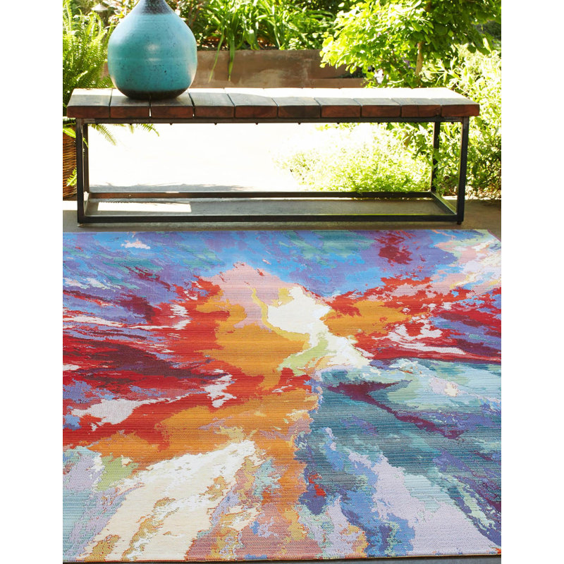 Azaleea Power Loomed Polypropylene Indoor/Outdoor Area Rug in Blue/Red/Orange, Rectangle 2' x 3'