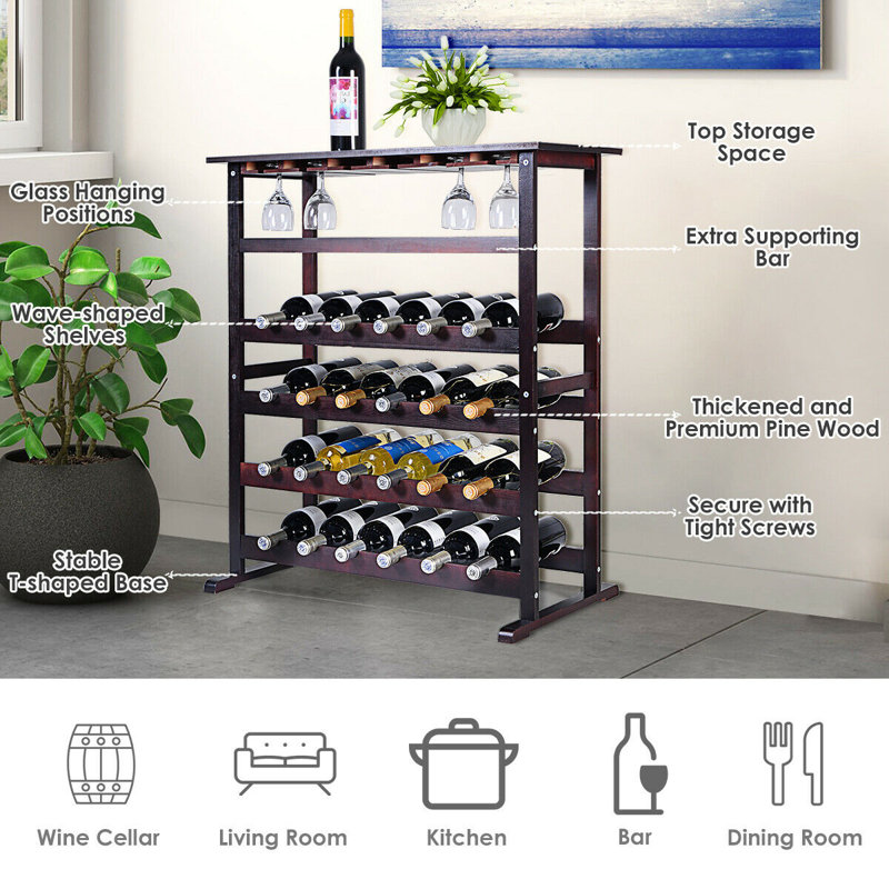 Condon 24 Bottle Solid Wood Floor Wine Bottle & Glass Rack in Brown