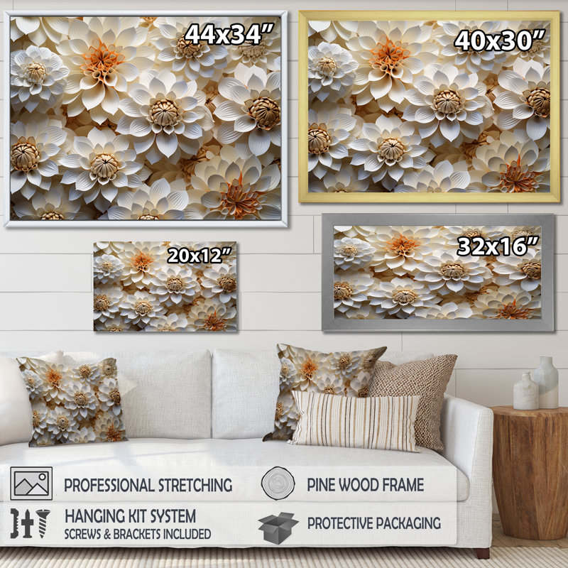 «Vibrant White Zinnias Collage I» sur toile, Cadre flottant blanc, H 16 po x l 32 po