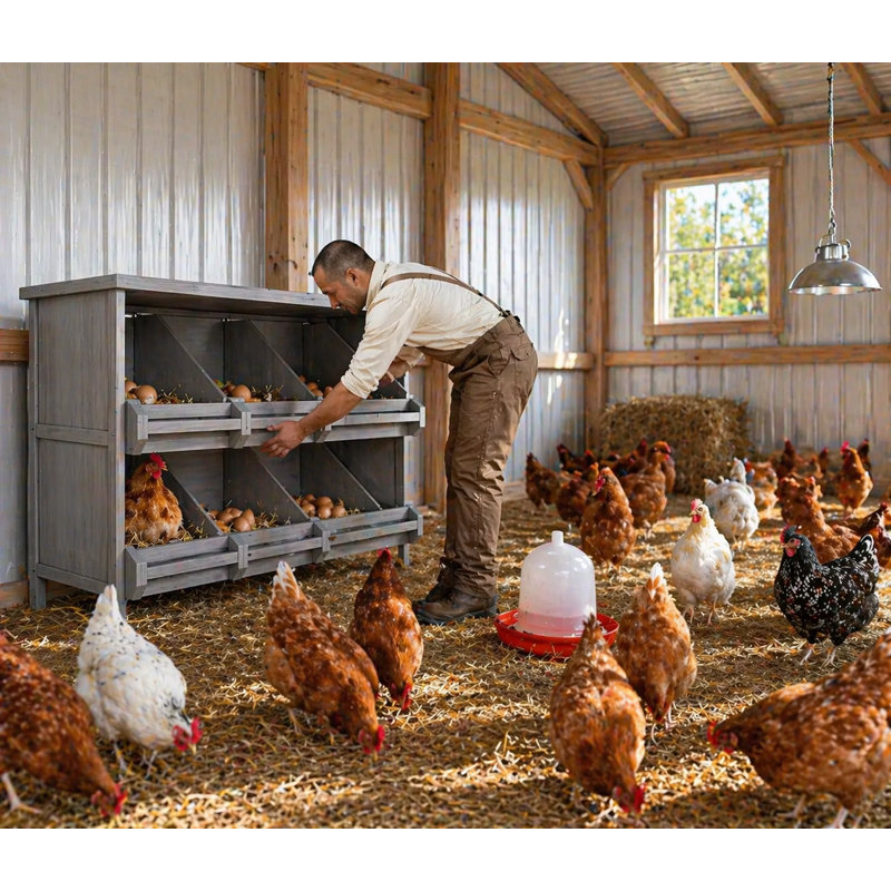 Boîte de nidification de poulet en bois double couche à 6 cellules avec perchoir, protection contre la chute des œufs