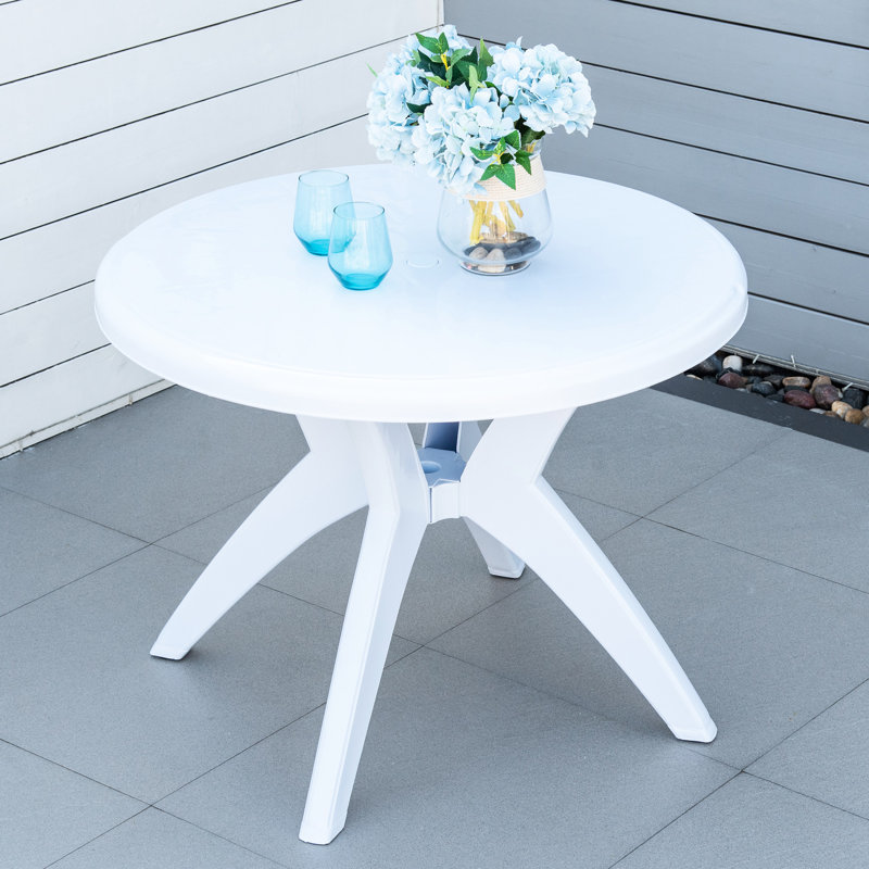 Table bistro d'extérieur, ronde en plastique de 37,08 po avec trou pour parasol, pour le café du matin, pour les fêtes sur le balcon, table blanche de 88 lb pour un bon bain de soleil, une conversation au bord de la piscine, pas de plateau collant