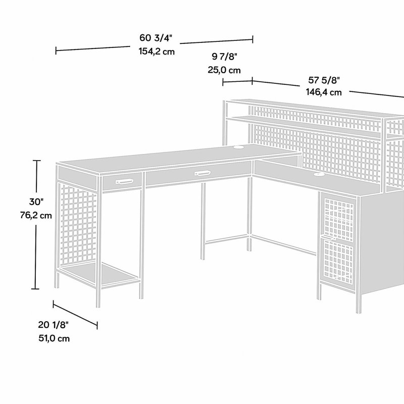 Bureau industriel en forme de L avec 2 tiroirs et tablettes, finition brune