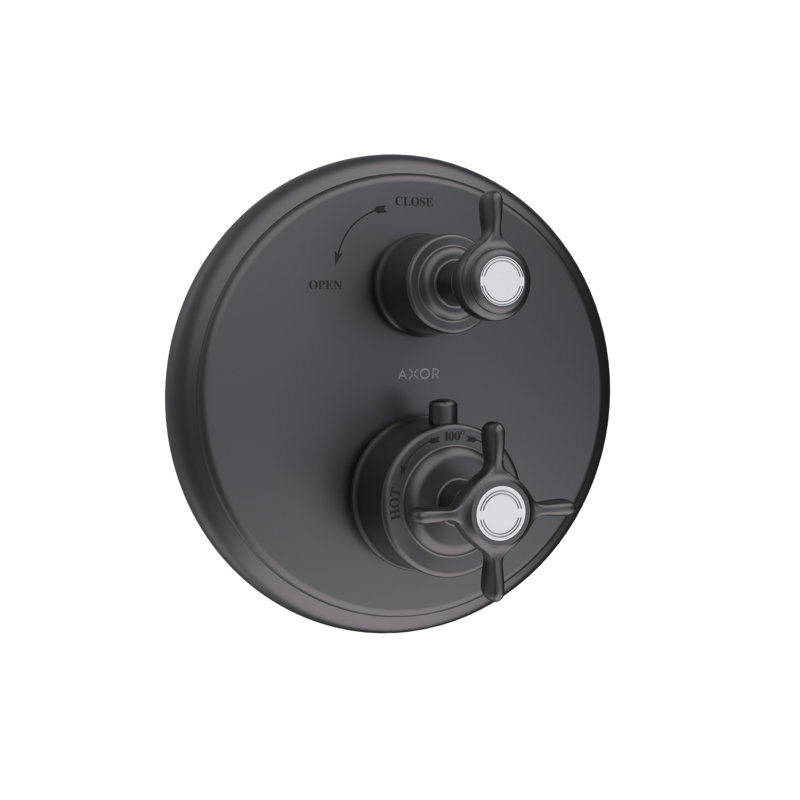 AXOR Montreux Thermostatic Trim with Volume Control- Cross-Handle in Brushed Black Chrome, Brushed Black Chrome