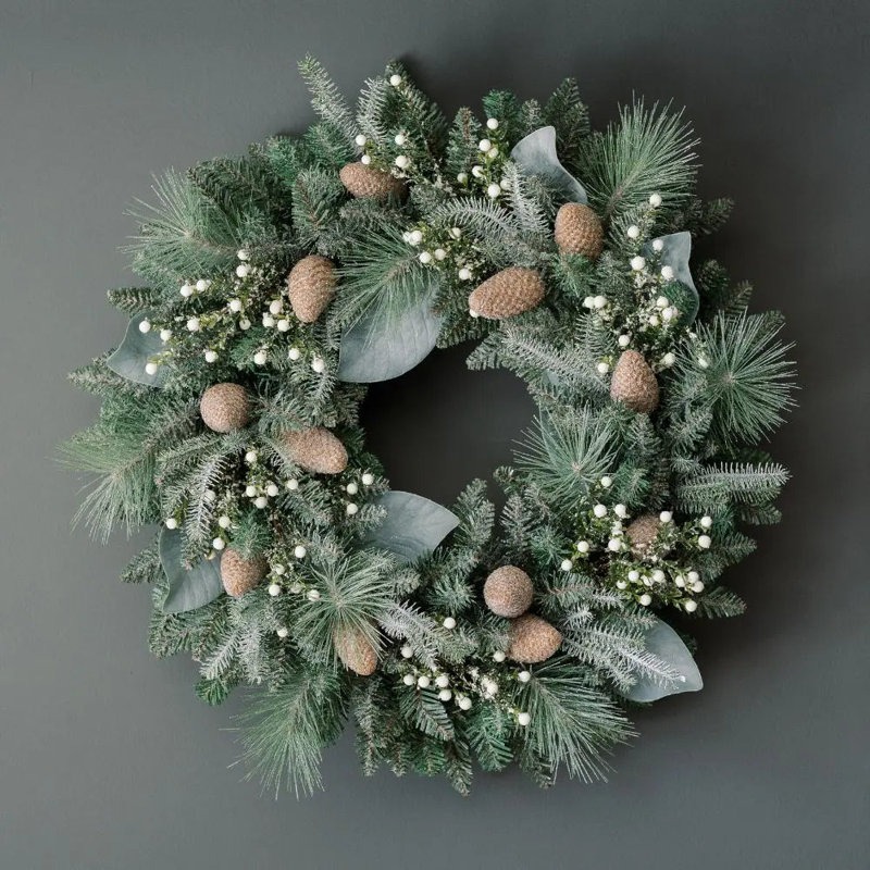 30" Flocked Woodland Pine and Berry Wreath with Pinecones and Frosted Foliage