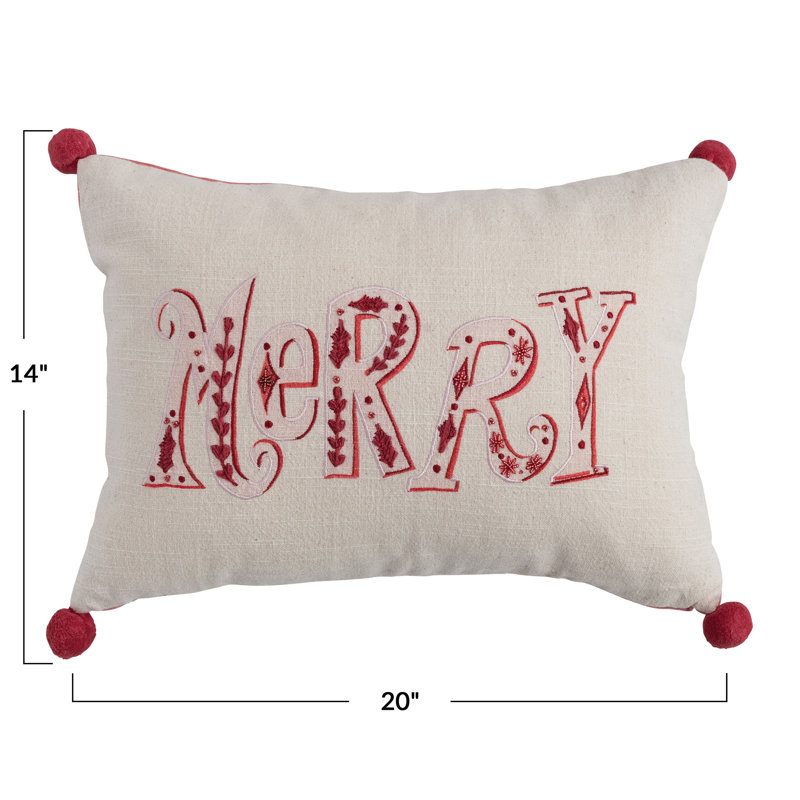 Cotton Printed Lumbar Pillow With "Merry"